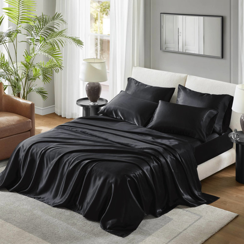 Drap-housse luxueux 7 pièces en satin noir très grand luxe