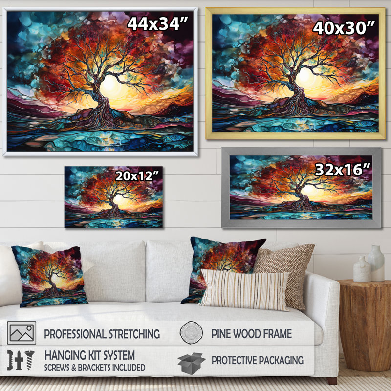 Lever de soleil coloré, paysage magique sur toile, Cadre simple noir, H 24 po x l 32 po x P 1 po