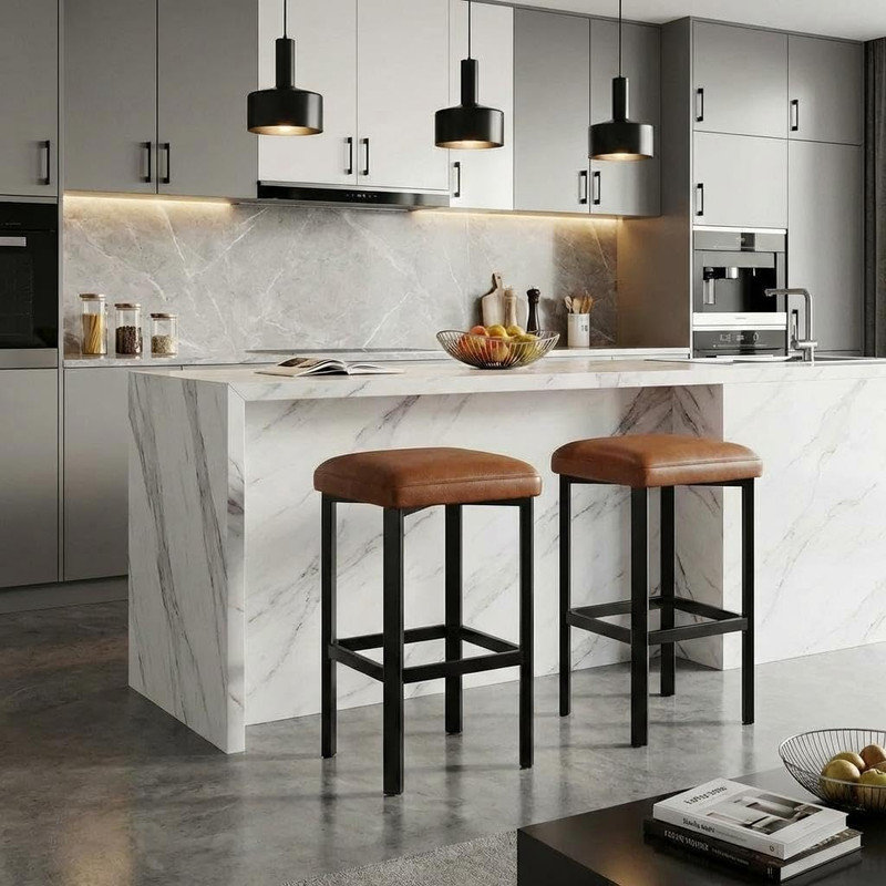 Set of 2 Modern 24" Counter Height Bar Stools, PU Leather with Thick Seat & Heavy Duty Metal Frame for Kitchen Island, Brown