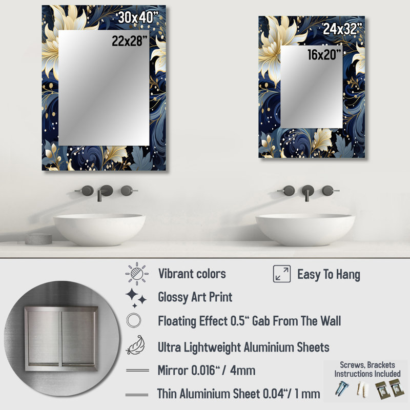 Hoskins Astral Blue White Damask Radiance - damask  Decorative Mirror, Boho Large Wall Mirror, Printed Metal Art, 40" x 30"
