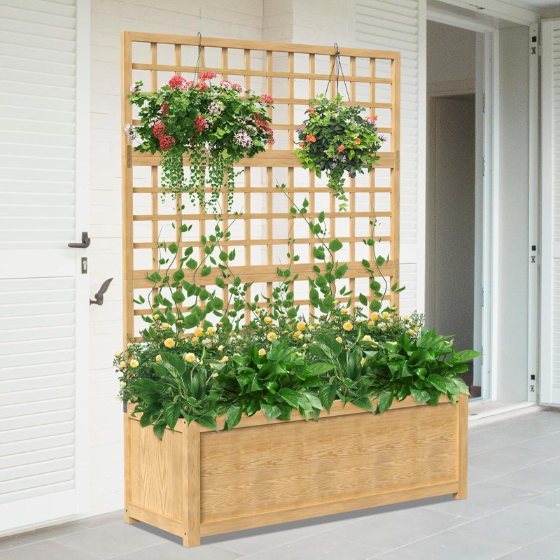 Raised Garden Bed with Trellis, Wooden Vertical Planter Box with Trellis for Climbing Plant Vine Flowers Vegetables