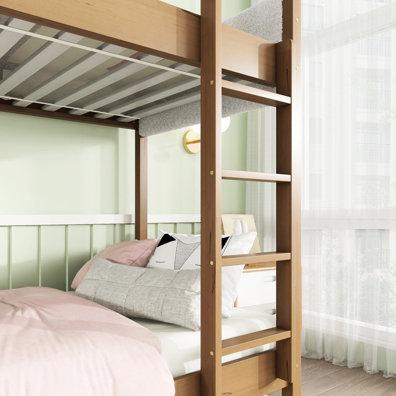 Lit superposé simple tapissier au-dessus du lit - Confort polaire, durabilité en bois d'hévéa, garde-corps, rangement spacieux sous le lit