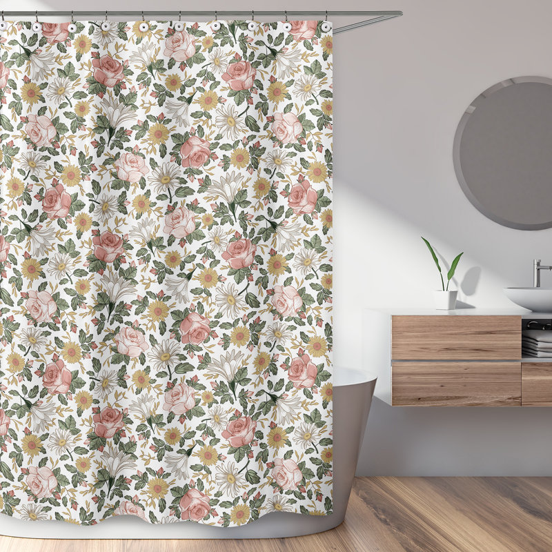 Vintage Floral Pink Green Yellow Fabric Shower Curtain