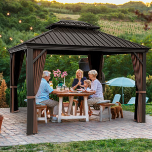 12 Ft. W x 10 Ft. D Double Roof Hardtop Aluminum Patio Gazebo with Netting and Curtains(incomplete box 1 of 3 ) 