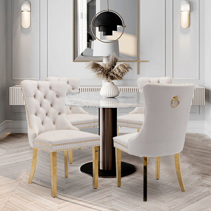 Velvet Fabric Upholstered Dining Chairs Set of 4 with Golden Legs,Beige, Beige, Gold