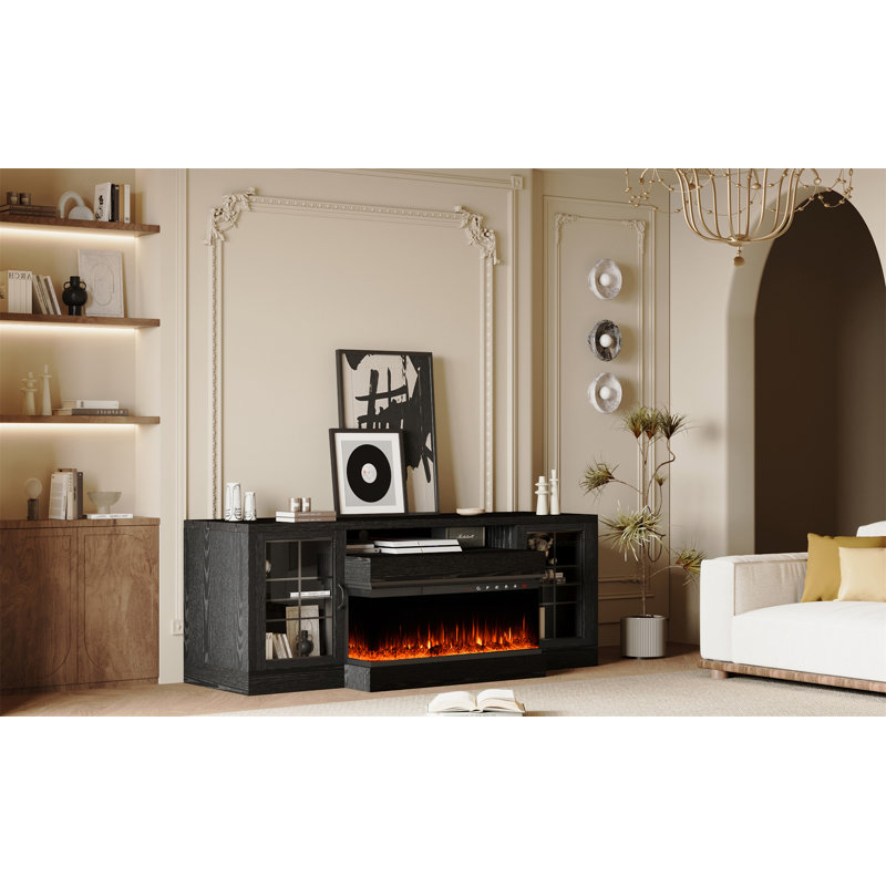 Charavector 60 Inch Fireplace TV Stand For Tvs Up To 75" With 30" 3-Sided Electric Fireplace, Black