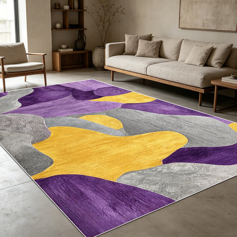 1PC Abstract Wavy Purple Gold Grey area rugs for Living Room, Soft and Comfortable, Suitable for all seasons, easy-to-maintain, machine washable Indoor floor mat, Under Table Farmhouse suitable for living room, dining area, bedroom, entryway, home