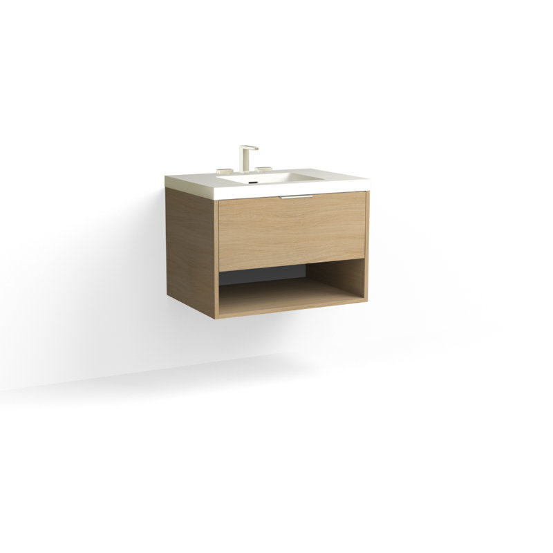 Modo 30" W Wall Mounted Single Bathroom Vanity, Glossy White/Single, Satin Brass, Nocino