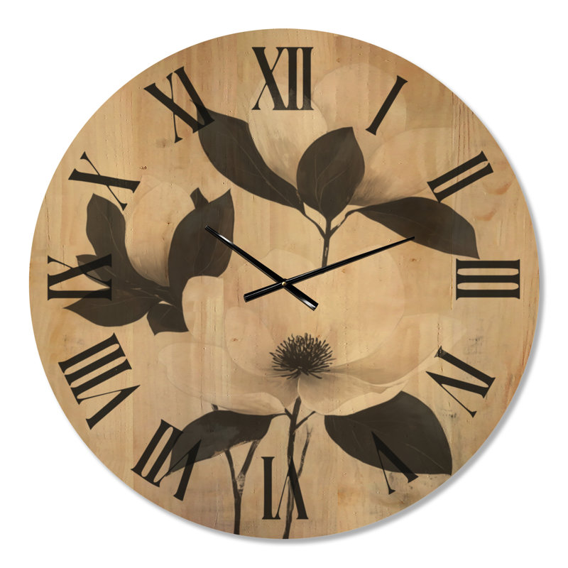 Horloge murale ronde de style ferme, motif magnolia ivoire, imprimée sur bois, Extra Large
