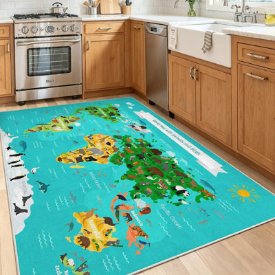 Tapis d'intérieur transparent carte du monde avec animaux et oiseaux lavable à la machine