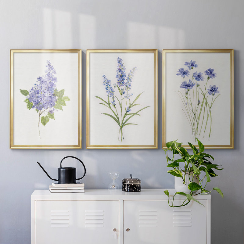 Toile encadrée de qualité lilas botanique - délicat prêt à accrocher, Cadre doré, H 36,5 po x l 53 po x P 2,5 po