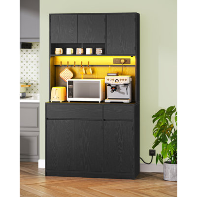 Kitchen Cupboard with LED & Power Outlet, 180cm Tall Kitchen Cabinet with Countertop & 2 Drawers, Sideboard Storage Cabinet Adjustable Shelves, Dining Room, 40 x 100 x 180 cm