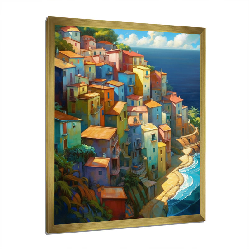 Mayowa Mediterrean Town By The Sea, H 20 po x l 12 po x P 1 po, Encadrement doré