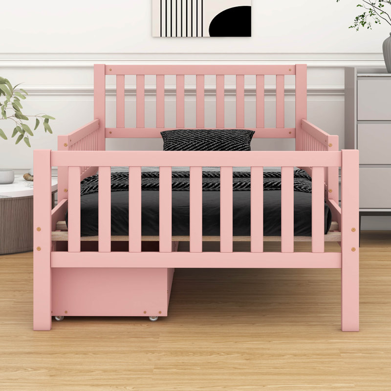 Lit plateforme en bois - garde-corps double face + deux tiroirs de rangement intégrés, Lit simple, Rose