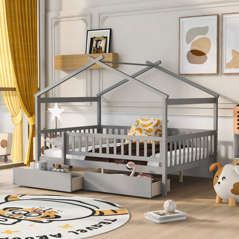 Lit en bois avec deux tiroirs, Gris, Lit double