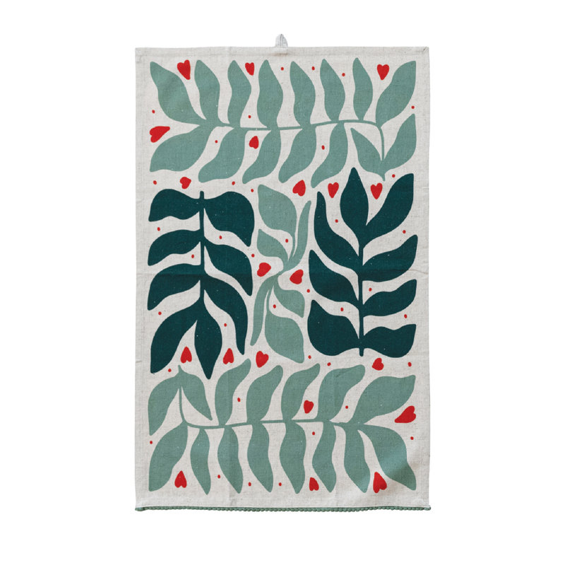 Serviette de thé en coton et en lin avec motif botanique / ornemental saisonnier et garniture de pompons (chacun peut varier) 