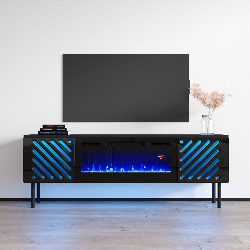 Metherell 63" Modern TV Stand with Electric Fireplace, High Gloss Finish, Media Storage, Black