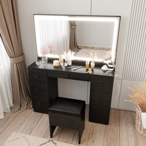 Makeup Vanity Desk with LED Lighted Mirror & Power Outlet & 7 Drawers