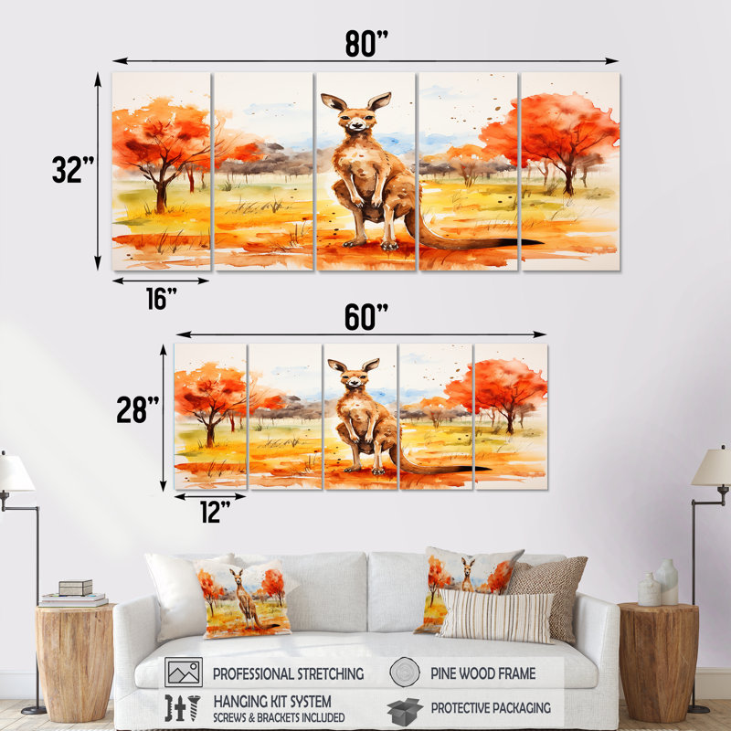 Ensemble d'art mural 5 pièces kangourou brun et orange, H 28 po x l 60 po