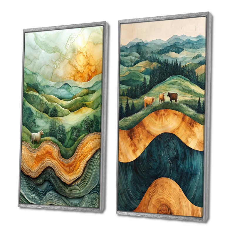 Cows Into A Summer Field Landscape I - Collection d'animaux sur toile 2 panneaux, H 28 po x l 25 po, Encadrement argenté