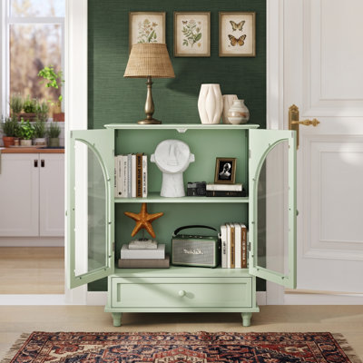 Buffet Farmhouse avec portes en verre arquées et tiroir, armoire de rangement blanche avec plateau à niveaux