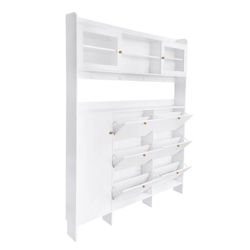 [VIDEO provided] ON-TREND Multifunctional Tipping Bucket Shoe Cabinet with Storage Shelf & 6 Flip Drawers, Large Hall Tree with Tempered Glass Doors, Foyer Cabinet with 4 Hooks for Hallway