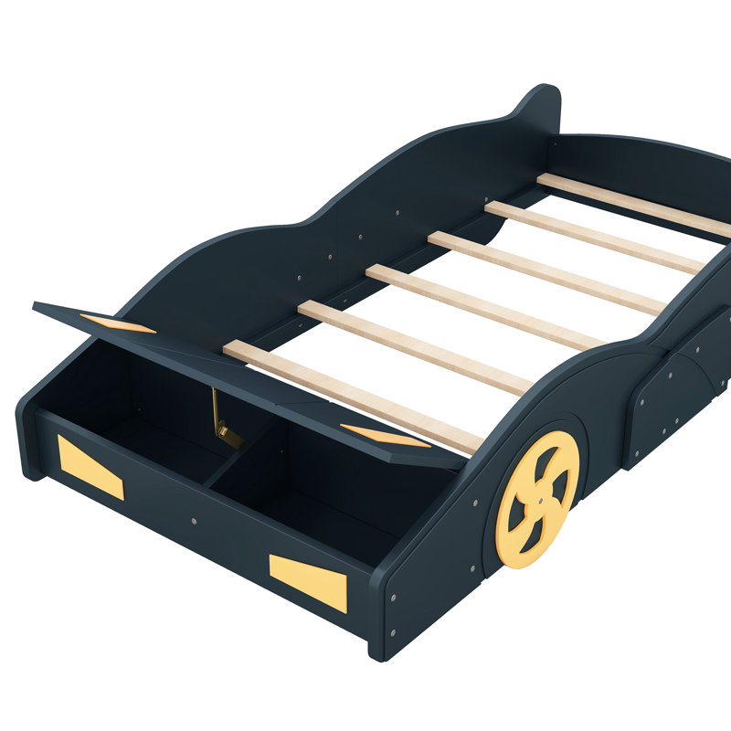 Lit plateforme simple bleu foncé et jaune avec thème de voiture de course et option de rangement, construction robuste en bois pour la chambre à coucher, construction robuste, pratique et confortable
