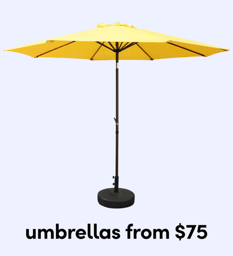 A large yellow outdoor patio umbrella with a dark wood pole and a sturdy black circular base from $75.