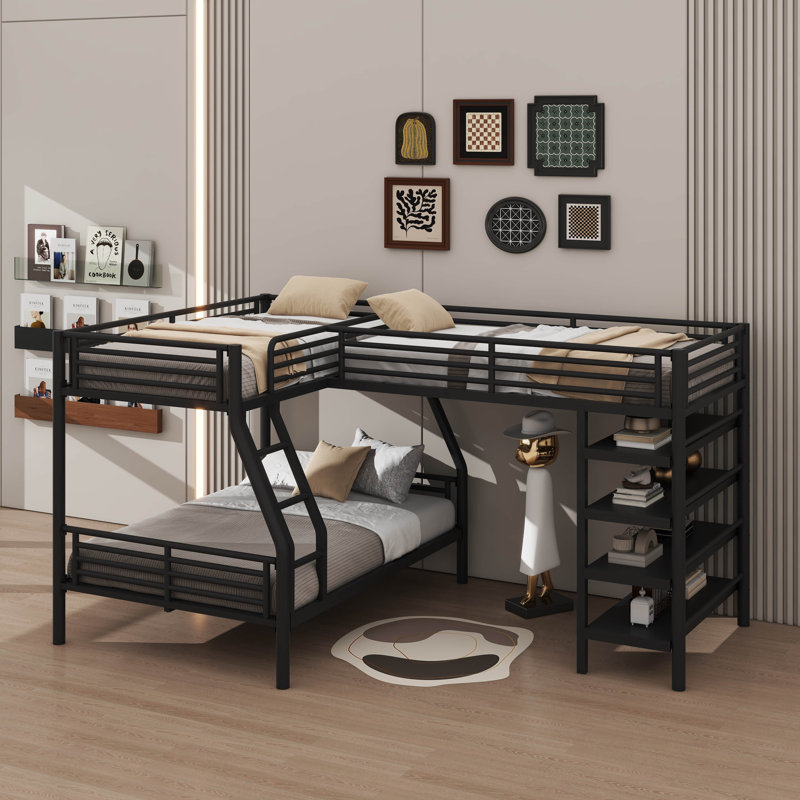 L-Shaped Metal Bunk Bed Combo Twin Over Full With Twin Loft Bed And Four Built-In Shelves