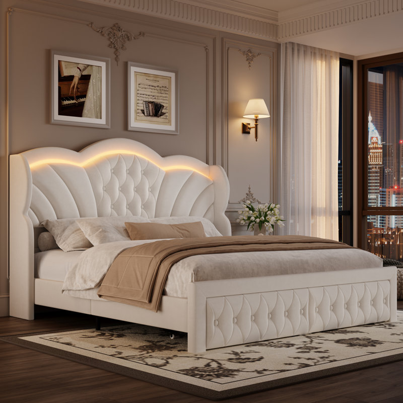 Lit rembourré en velours avec rangement Mouad, Beige, Grand