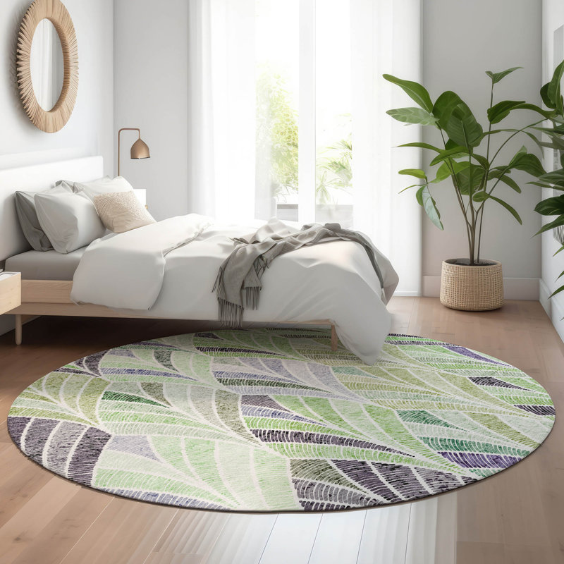 Premium Machine Washable Prisco Green Rug, Round 8'