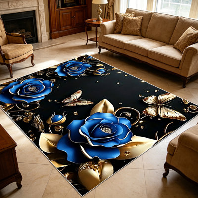 1PC Luxury Navy Blue Gold Floral Butterfly Black Background Vintage area rugs for Living Room, Soft and Comfortable, Suitable for all seasons, easy-to-maintain, machine washable Indoor floor mat, Under Table Farmhouse suitable for dining room,