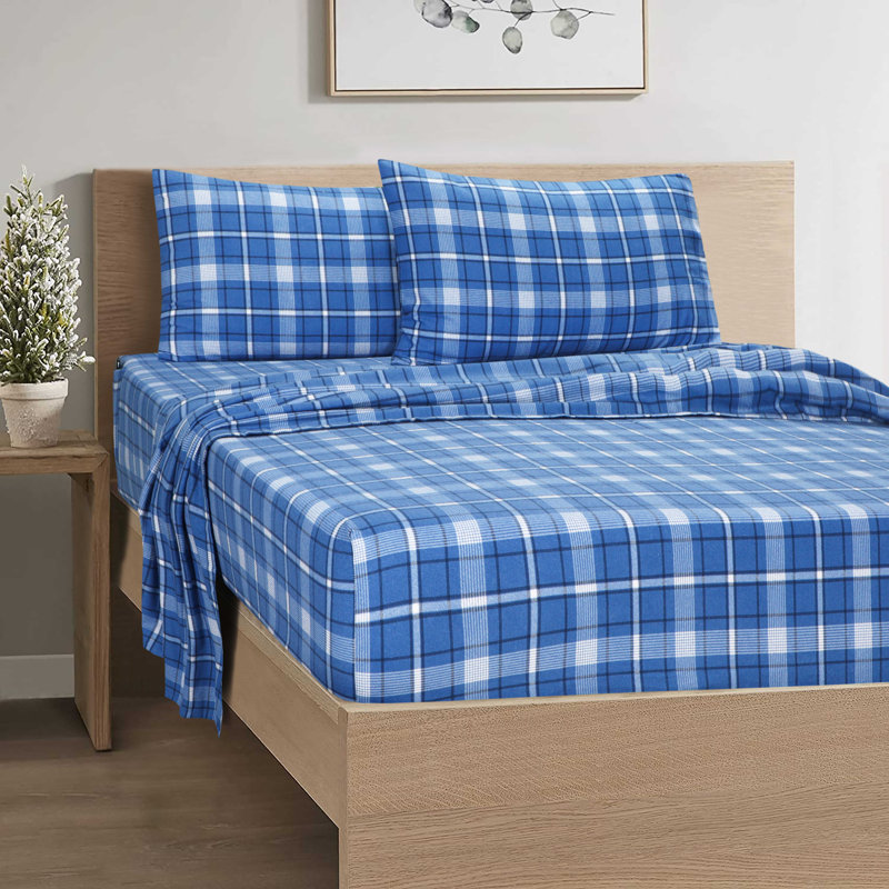 Ensemble de draps 100% flanelle de coton Colyt, Ensemble de draps pour taille de lit simple avec d, Carreaux bleu foncé