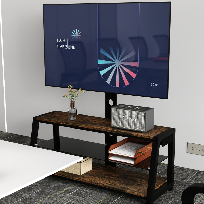 Universal Wooden Tv Stand With Black Tempered Glass And 3 - Tier Shelves, 30 Rotating System, Height Adjustable For 32" 65" Tvs, Multi Functional Power Outlets Storage Wire Management