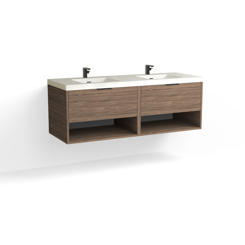 Modo 60" W Wall Mounted Double Bathroom Vanity, Matte White/8" Widespread, Satin Nickel, White Acrylic