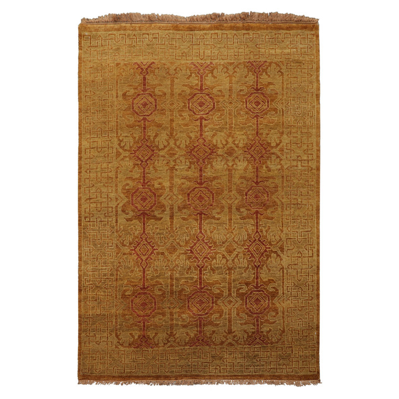 Tapis transitionnel doré en laine noué à la main 4 pi 5 pi 11 po