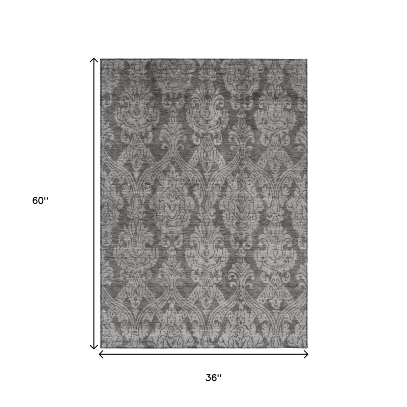 Tapis intérieur lavable damassé gris et étain 3 pi x 5 pi