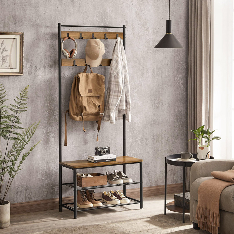 Aaditiya Hall Tree 70cm Wide with Bench and Shoe Storage, Rustic Walnut/Black