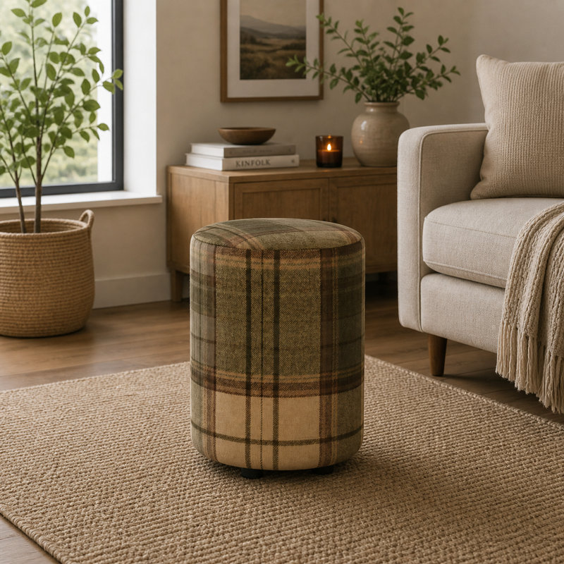 Tartan Fabric Round Stools Tartan , Olive Green