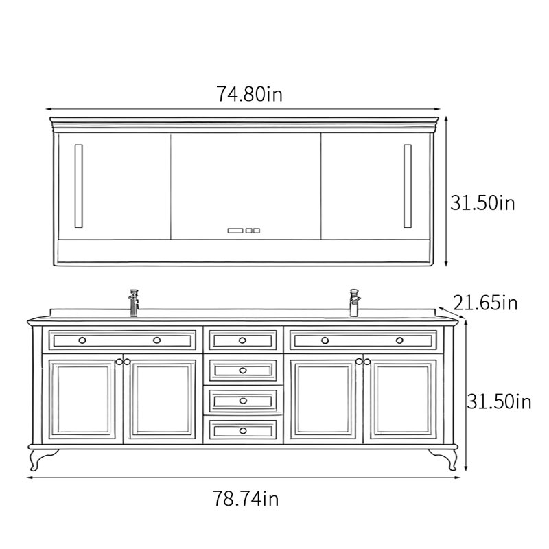 Armoire de salle de bain sur pied de style américain, H 31,5 po x l 78,74 po x P 21,65 po