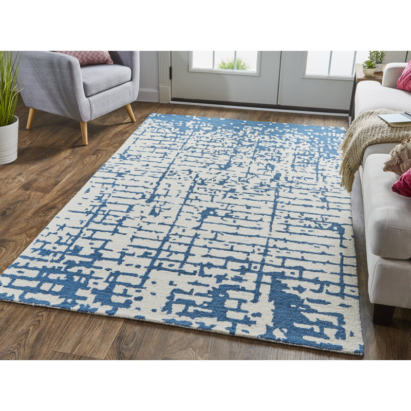 Tapis bleu / ivoire en laine / coton touffeté à la main Emeril, Rectangle 8 pi x 10 pi