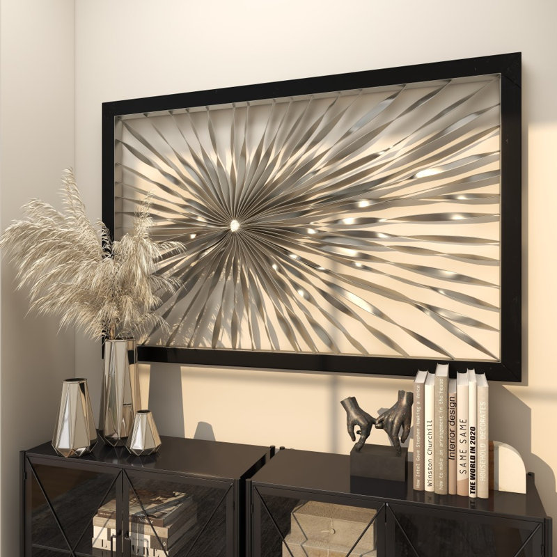 Metal Coiled Ribbon Sunburst Silver Wall Decor with Black Frame