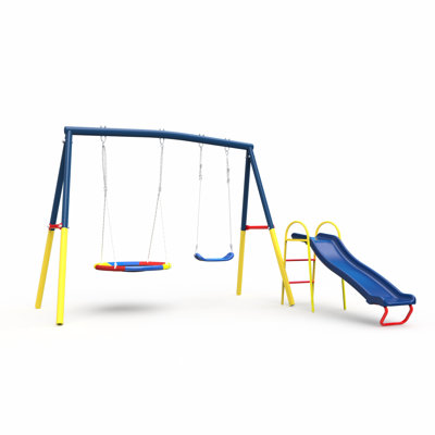 Balançoire 3 en 1, extérieur robuste avec glissoire, acier bleu