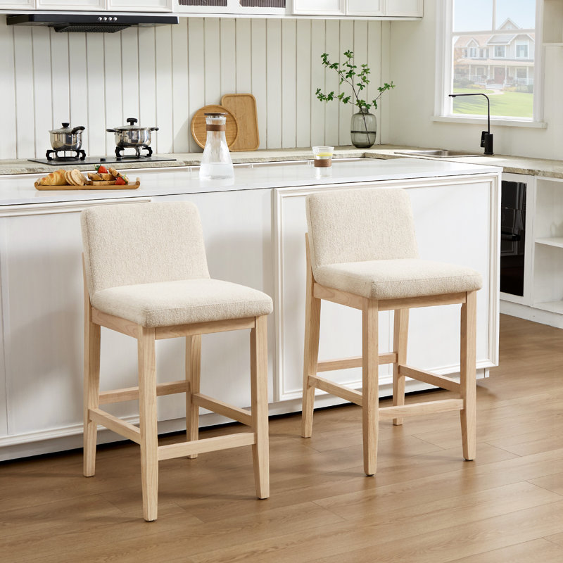 Albia Modern Farmhouse 26" H Linen Upholstered Counter Stool with Ergonomic Curved Back and Solid Wood Frame, Beige / Natural