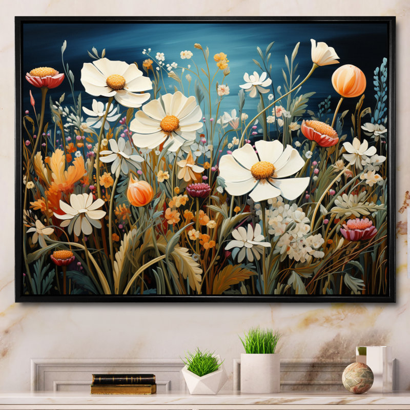 Symphonie florale blanche sur toile, H 24 po x l 32 po x P 1 po, Cadre flottant noir