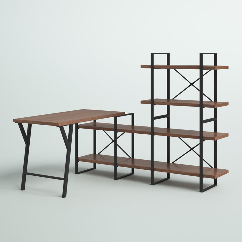 Walnut Wood L-Shaped Writing Desk with Shelves