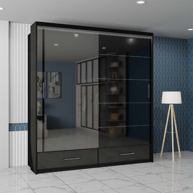 Desilets 2 Door Manufactured Wood Wardrobe, Black, 220 cm H x 66 cm W x 150 cm D