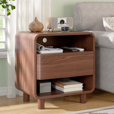 Modern Nightstand W/open Shelf Storage, Mid Century Night Stand Set Of 2, With Drawer, Curved Profile, Wood Bedside End Table For Bedroom, Walnut