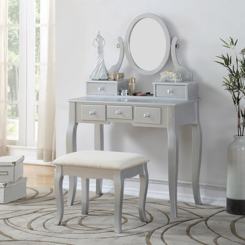 Ensemble coiffeuse et tabouret en bois Ashley, Argent