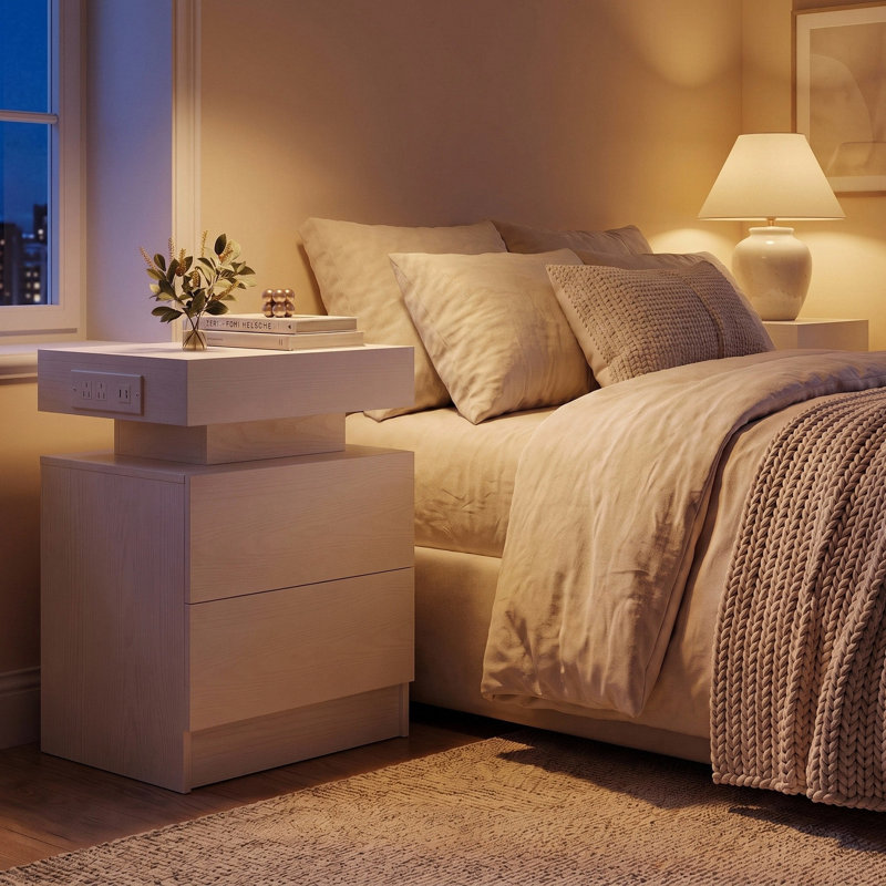 Westerly Wooden Nightstand with Charging Station, White, 2